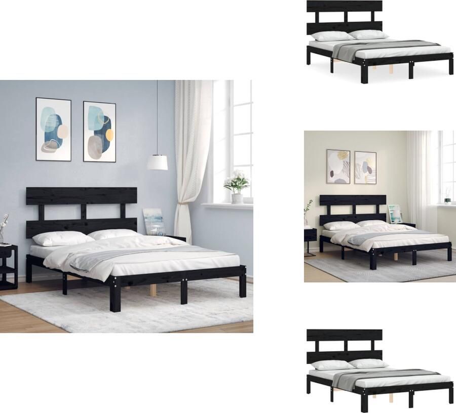 VidaXL Bedframe Bedframes Bed Tweepersoonsbed Bedframe met hoofdbord massief hout zwart 4FT6 Double - Foto 2