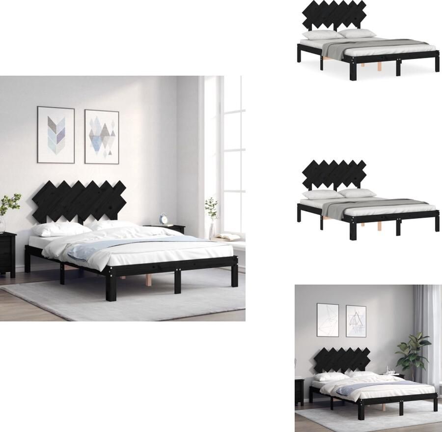 VidaXL Bedframe Massief grenenhout 193.5 x 138.5 x 81 cm Multiplex lattenbodem Zwart Bed