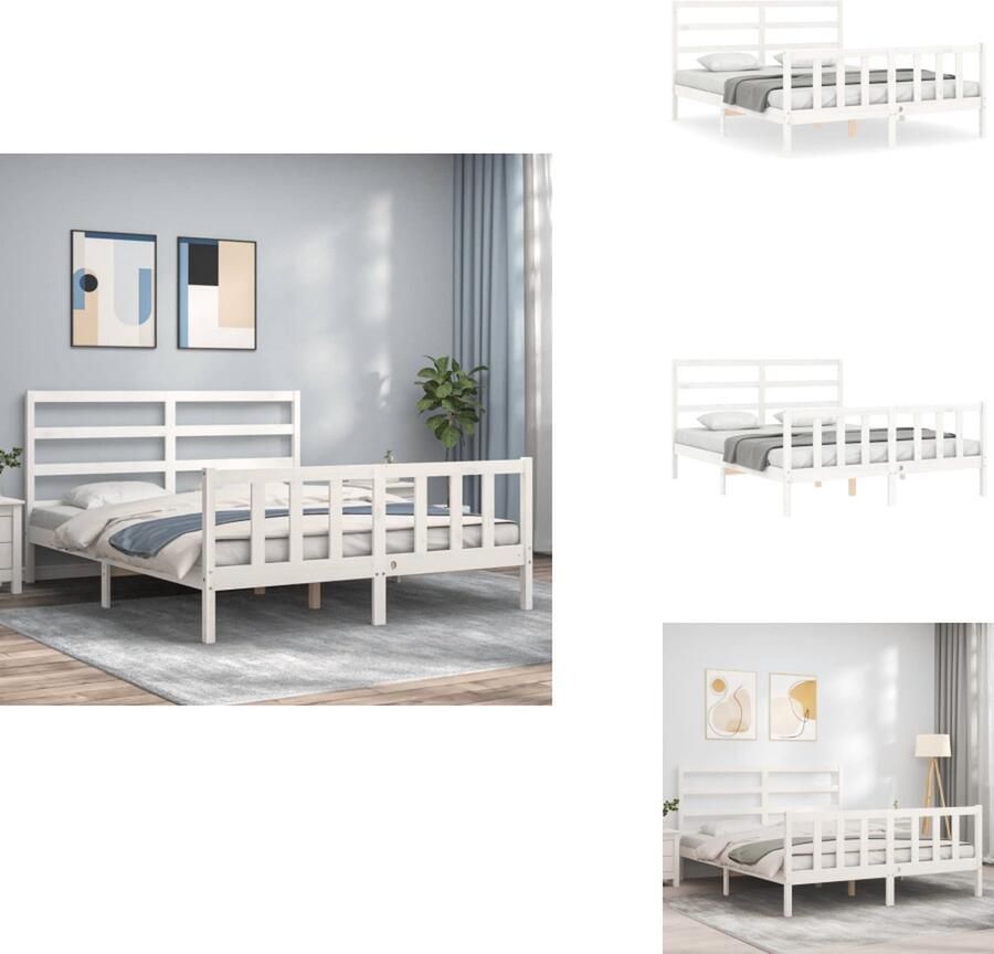 VidaXL Bedframe Massief Grenenhout Wit 205.5 x 165.5 x 100 cm Multiplex lattenbodem Functioneel hoofd- en voeteneinde Matras niet inbegrepen Montage vereist Bed - Foto 2