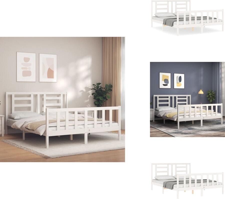 VidaXL Bedframe Bedframes Bed Tweepersoonsbed Bedframe met hoofdbord massief hout wit 160x200 cm - Foto 4