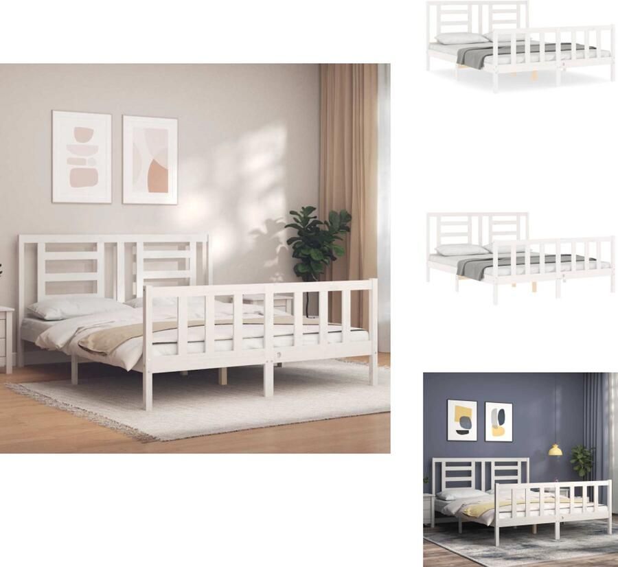 VidaXL Bedframe Massief Grenenhout Wit 205.5 x 165.5 x 100 cm Multiplex Lattenbodem Functioneel hoofd- en voeteneinde Bed