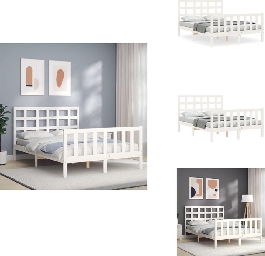 VidaXL Bedframe Bedframes Bed Tweepersoonsbed Bedframe met hoofdbord massief hout wit 4FT Small Double - Foto 2