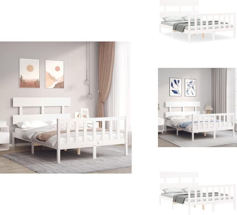 VidaXL Bedframe Massief Grenenhout Wit 205.5 x 125.5 x 81 cm Multiplex Lattenbodem Functioneel Hoofd- en Voeteneinde Montage vereist Bed