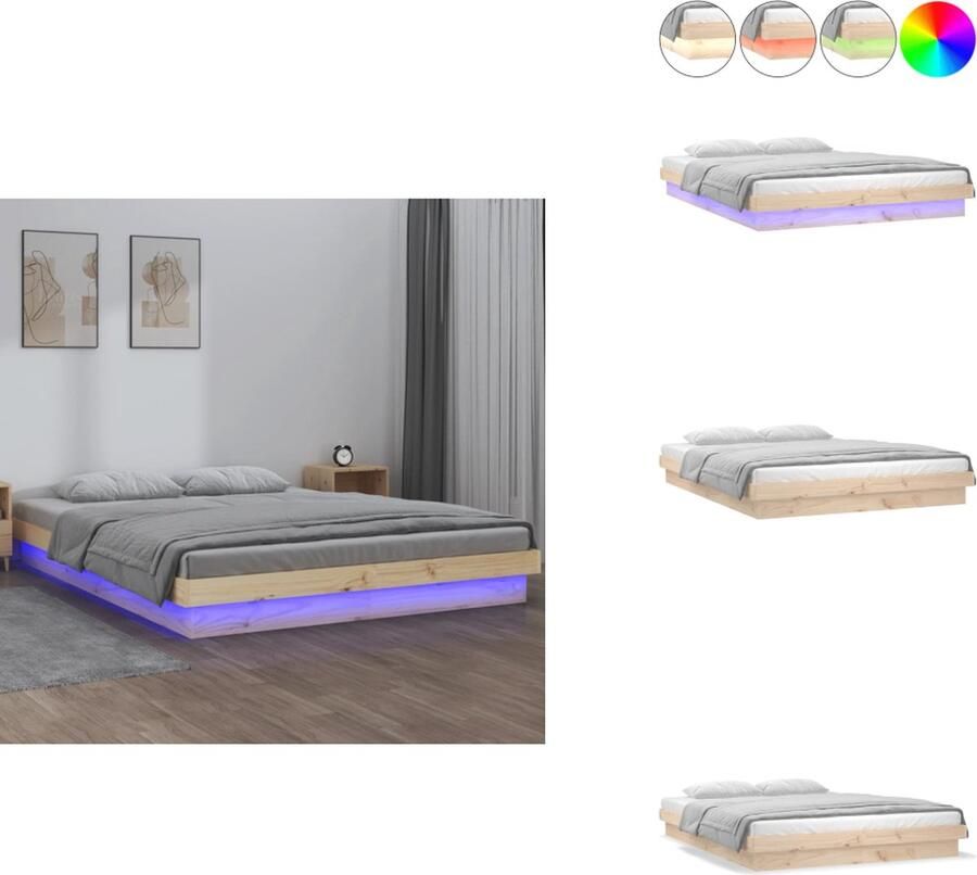 VidaXL Bedframe LED-verlichting Massief grenenhout 194 x 123.5 x 21 cm 120 x 190 cm (4FT Small Double) USB-aansluiting Inclusief LED-strip en afstandsbediening Bed
