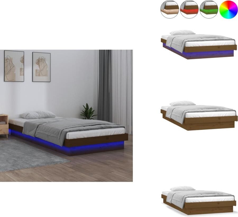 VidaXL Bedframe Grenenhout LED-verlichting Afstandsbediening Honingbruin 194 x 78.5 x 21 cm Bed