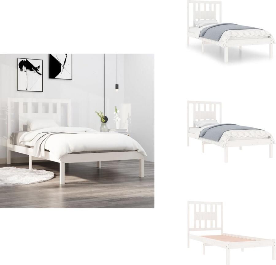 VidaXL Bedframe Bedframes Eenpersoonsbed Bed Bedframe zonder matras massief grenenhout wit 90x200 cm - Foto 2