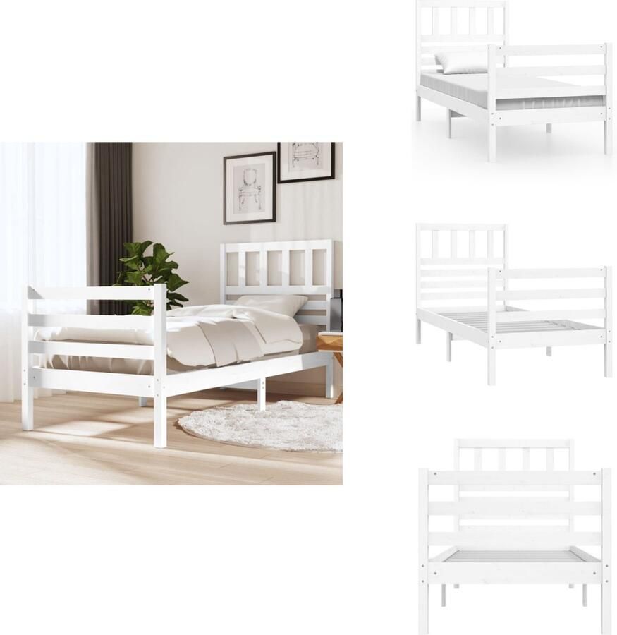VidaXL Bedframe Grenenhout Wit 195.5 x 81 x 100 cm Voor matras 75 x 190 cm Stevig en stabiel Bed