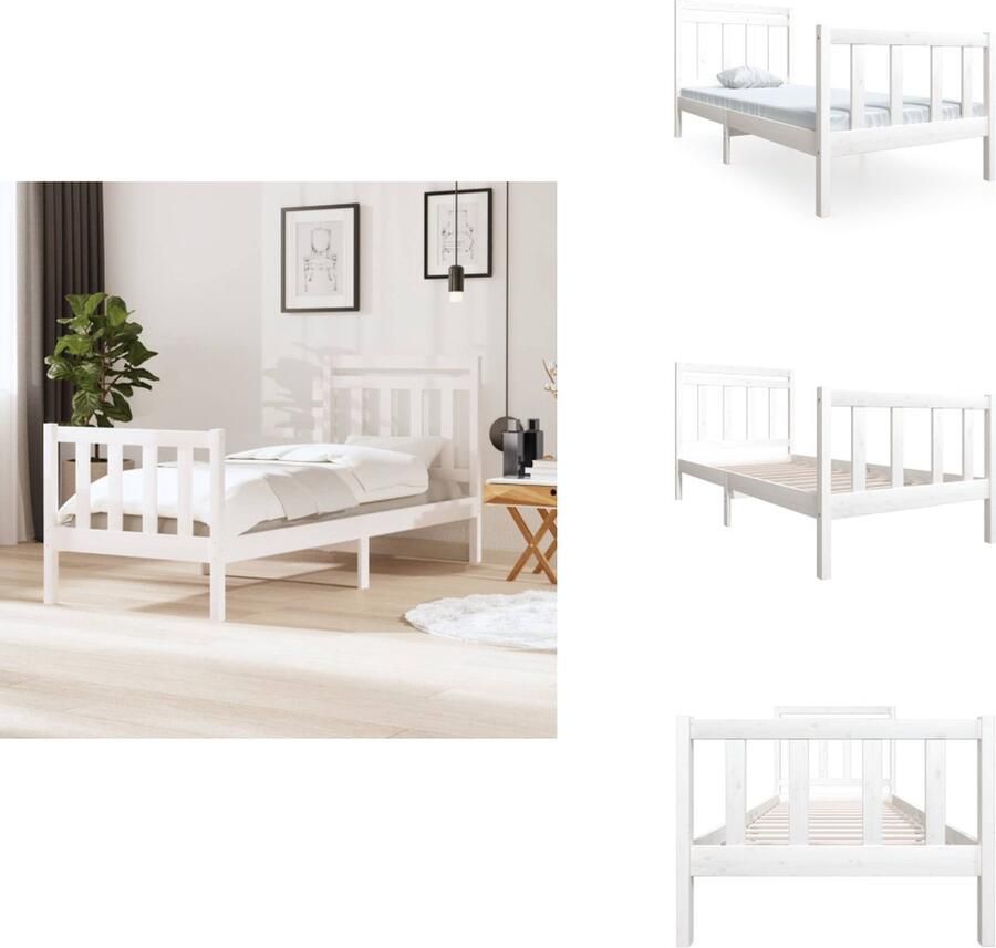 VidaXL Bedframe Grenenhout 195.5 x 96 x 100 cm Wit 90 x 190 cm geschikte matras Montage vereist Bed - Foto 2