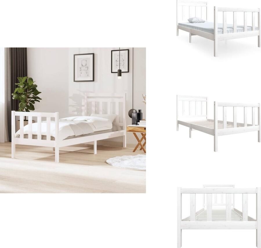 VidaXL Bedframe Bedframes Bed Bedbodem Bedframe zonder matras massief grenenhout wit 90x200 cm - Foto 2