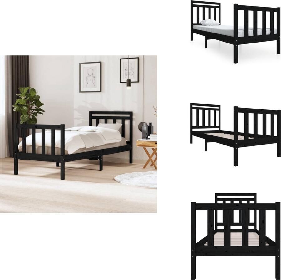 VidaXL Bedframe Zwarte Massief Grenenhout 195.5 x 81 x 100 cm 75 x 190 cm Stabiel en Stijlvol Bed