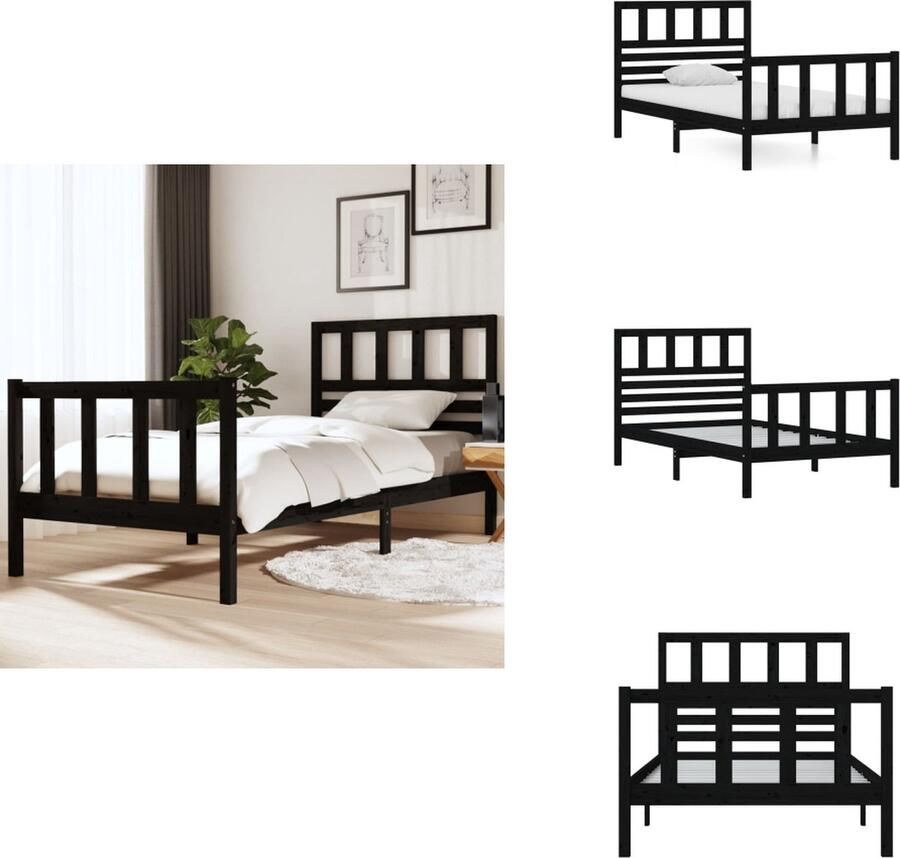 VidaXL Bedframe Grenenhout Zwart 195.5 x 96 x 100 cm Geschikt voor 90 x 190 cm matras Stevig en stabiel Bed