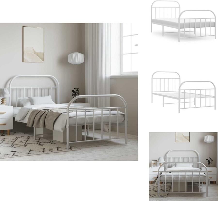 VidaXL Bedframe Bedframes Eenpersoonsbed Bed Bedframe met hoofd- en voeteneinde metaal wit 100x190 cm