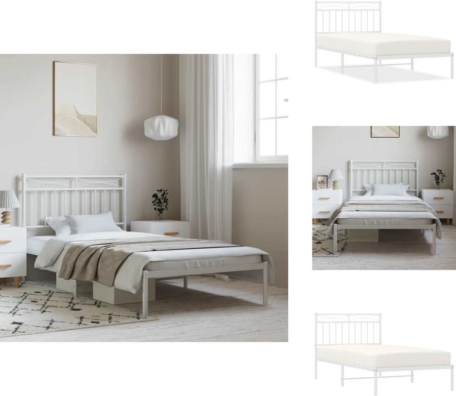 VidaXL Bedframe Bedframes Eenpersoonsbed Bed Bedframe met hoofdbord metaal wit 100x190 cm