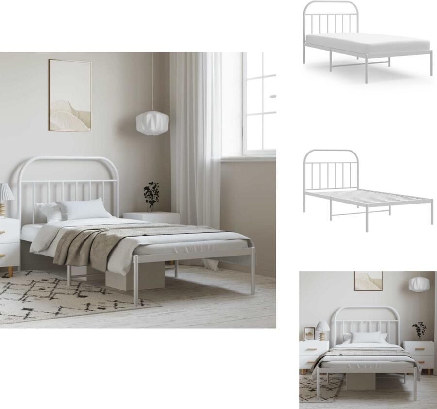 VidaXL Bedframe Bedframes Eenpersoonsbed Bed Bedframe met hoofdbord metaal wit 100x190 cm - Foto 2