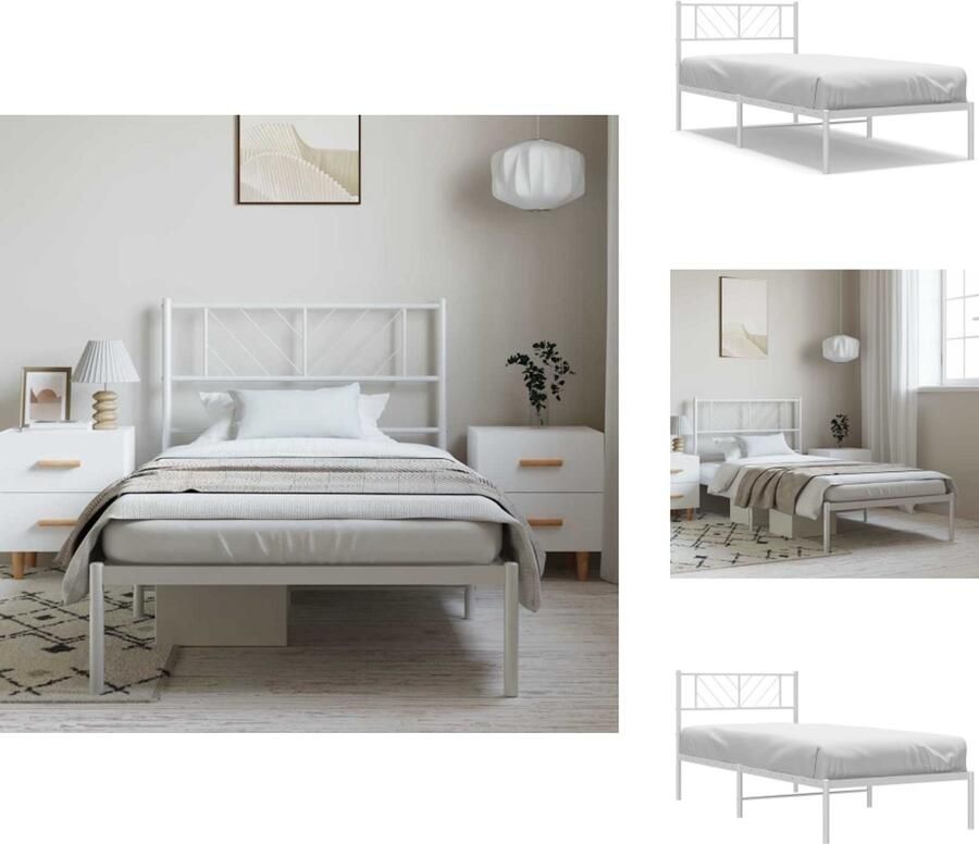 VidaXL Bedframe Bedframes Eenpersoonsbed Bed Bedframe met hoofdbord metaal wit 100x190 cm