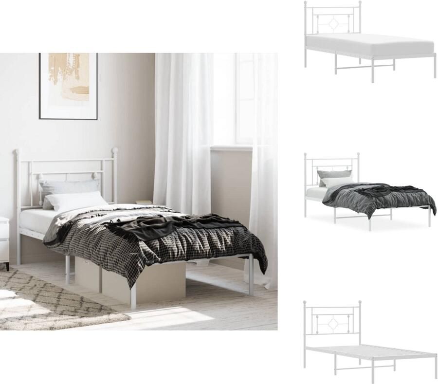VidaXL Bedframe Bedframes Eenpersoonsbed Bed Bedframe met hoofdbord metaal wit 100x190 cm