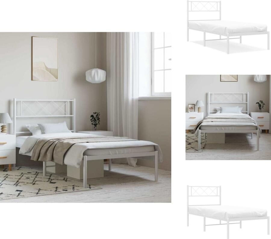 VidaXL Bedframe Bedframes Eenpersoonsbed Bed Bedframe met hoofdbord metaal wit 100x190 cm - Foto 4