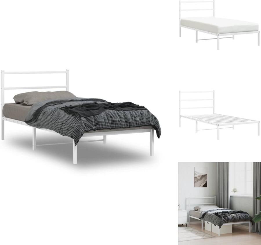 VidaXL Bedframe Bedframes Eenpersoonsbed Bed Bedframe met hoofdbord metaal wit 107x203 cm