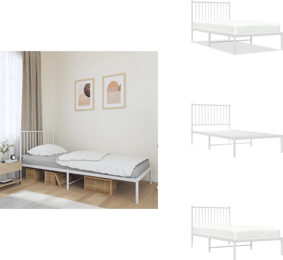 VidaXL Bedframe Bedframes Eenpersoonsbed Bed Bedframe met hoofdbord metaal wit 90x190 cm - Foto 4