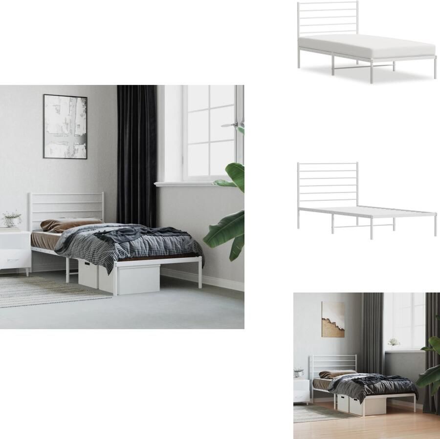 VidaXL Bedframe Bedframes Eenpersoonsbed Bed Bedframe met hoofdbord metaal wit 90x190 cm