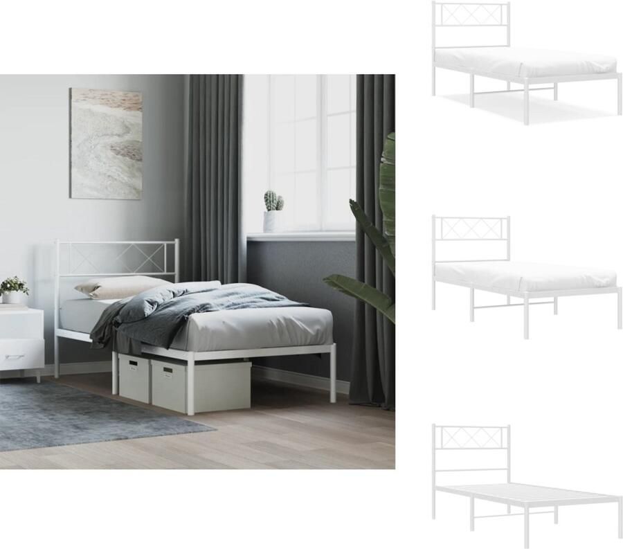 VidaXL Bedframe Bedframes Eenpersoonsbed Bed Bedframe met hoofdbord metaal wit 90x190 cm - Foto 6