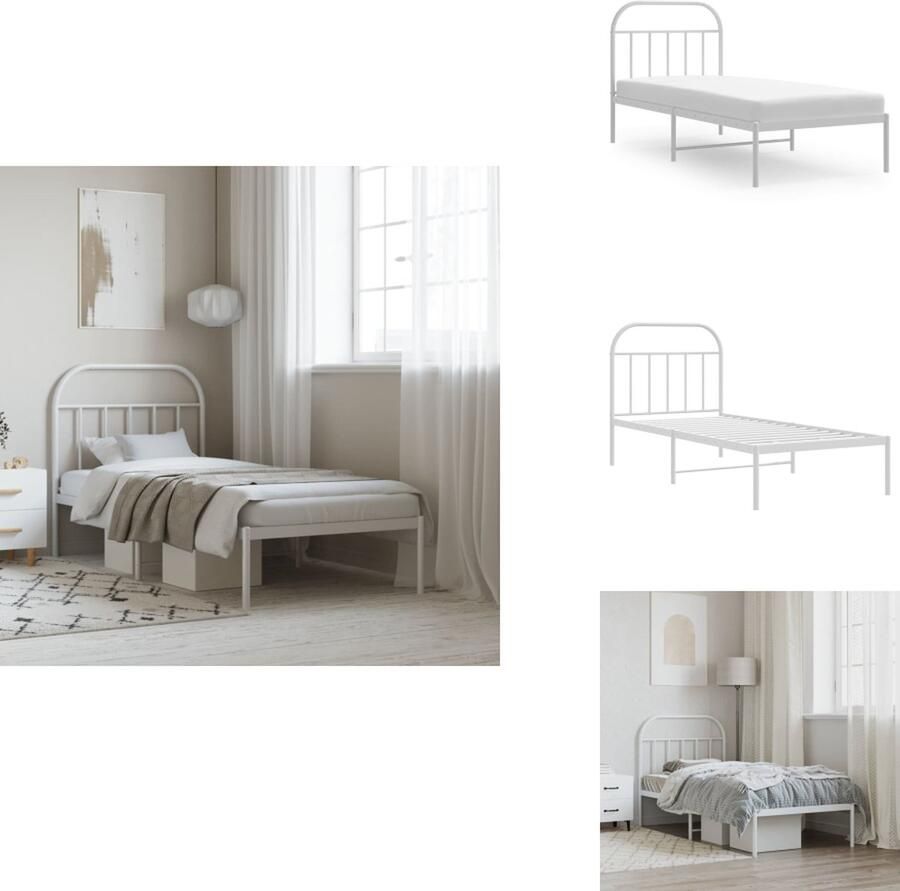 VidaXL Bedframe Bedframes Eenpersoonsbed Bed Bedframe met hoofdbord metaal wit 90x200 cm
