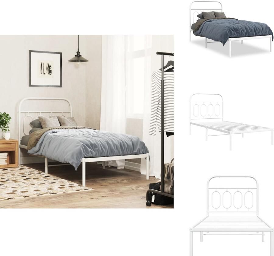 VidaXL Bedframe Bedframes Eenpersoonsbed Bed Bedframe met hoofdbord metaal wit 90x200 cm