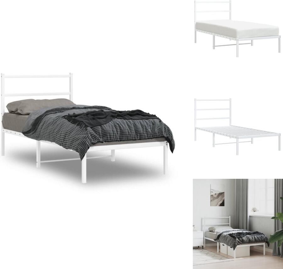 VidaXL Bedframe Bedframes Eenpersoonsbed Bed Bedframe met hoofdbord metaal wit 90x200 cm