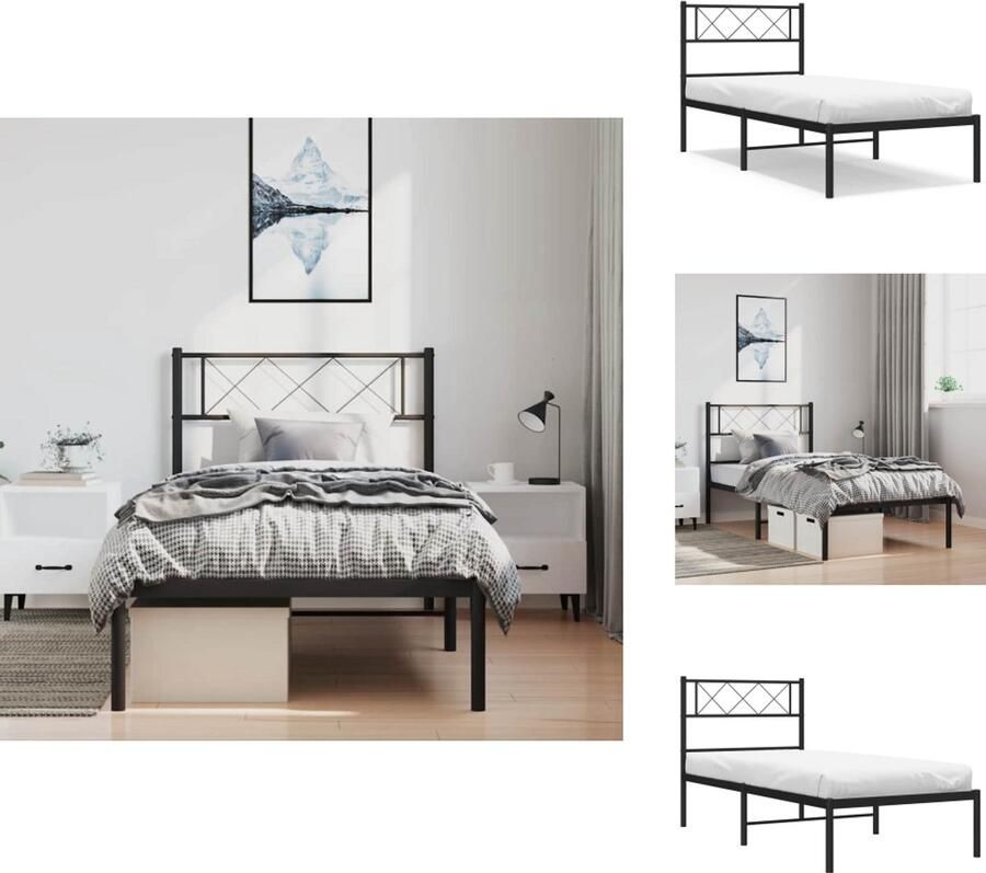 VidaXL Bedframe Bedframes Eenpersoonsbed Bed Bedframe met hoofdbord metaal zwart 100x190 cm