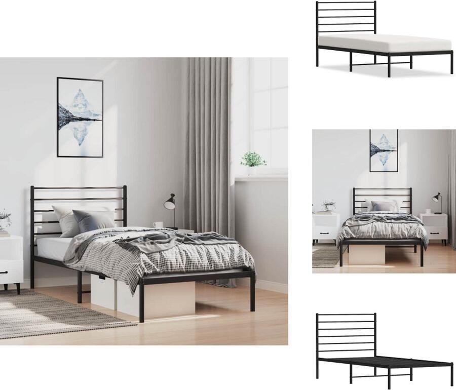 VidaXL Bedframe Bedframes Eenpersoonsbed Bed Bedframe met hoofdbord metaal zwart 100x200 cm - Foto 3