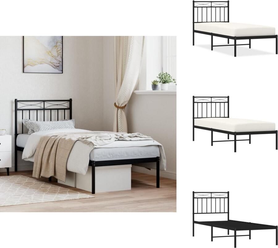 VidaXL Bedframe Bedframes Eenpersoonsbed Bed Bedframe met hoofdbord metaal zwart 75x190 cm - Foto 3