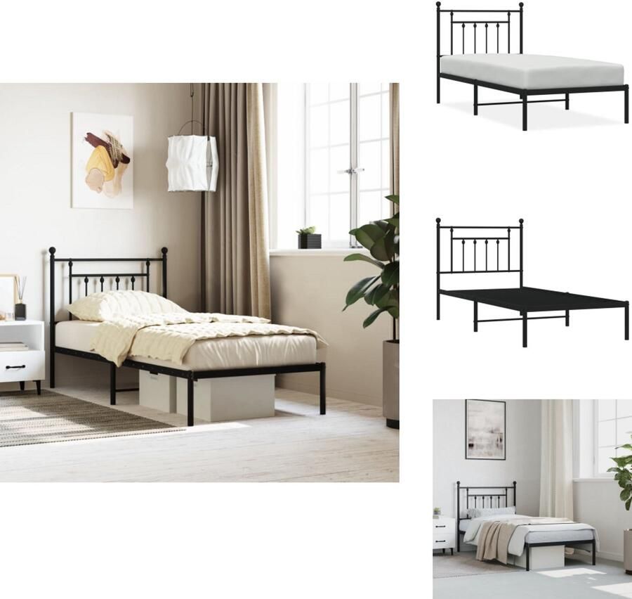 VidaXL Bedframe Bedframes Eenpersoonsbed Bed Bedframe met hoofdbord metaal zwart 90x190 cm