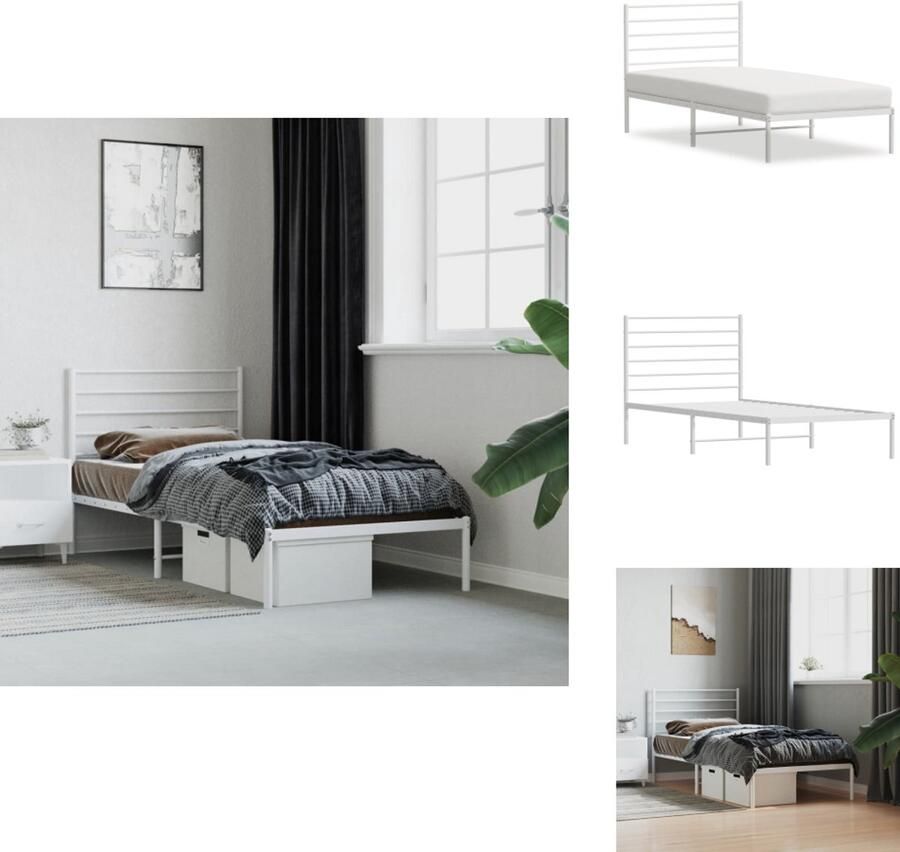 VidaXL Bedframe Bedframes Eenpersoonsbed Bed Bedframe met hoofdbord zonder matras metaal wit 75x190 cm
