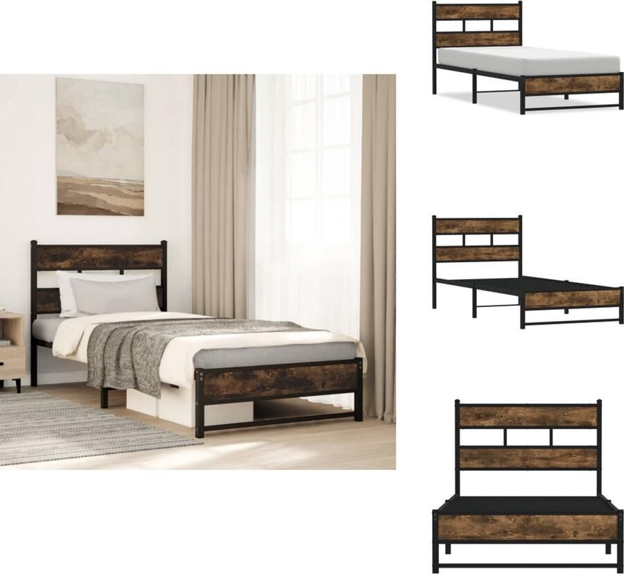 VidaXL Bedframe Bedframes Eenpersoonsbed Bed Bedframe zonder matras metaal gerookt eikenkleurig 90x190 cm