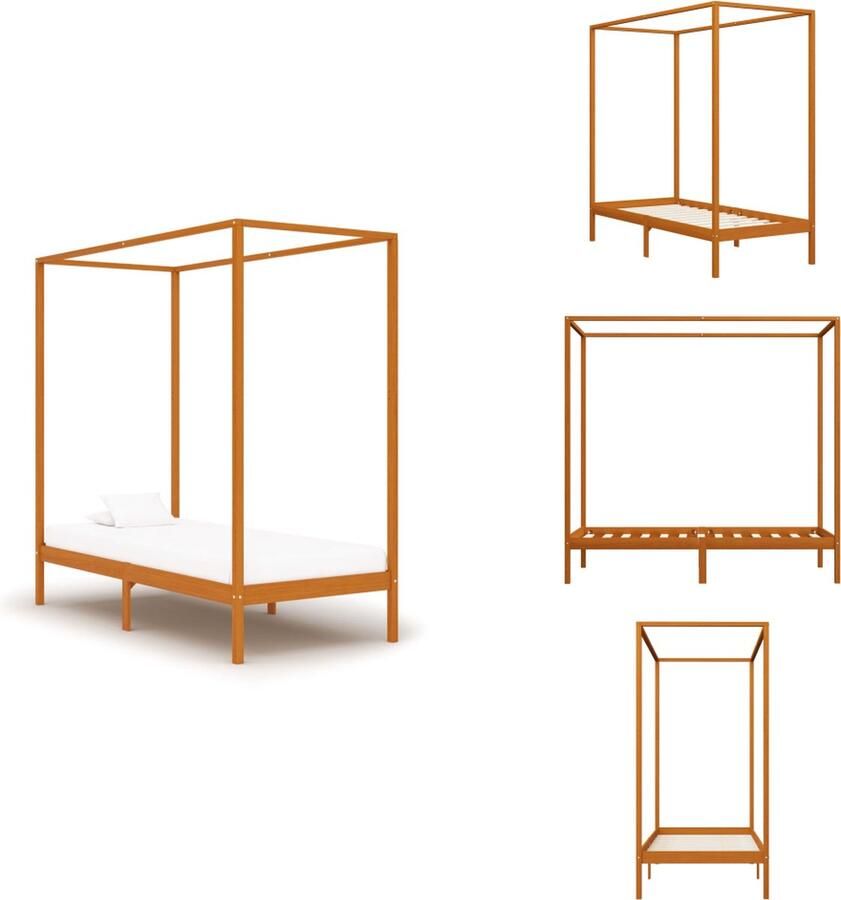 VidaXL Bedframe Bedframes Eenpersoonsbed Eenpersoonsbedden Hemelbedframe massief grenenhout honingbruin 100x200 cm - Foto 2