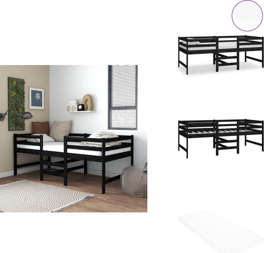 VidaXL Bedframe Bedframes Halfhoog Bed Halfhoge Bedden Halfhoogslaper met matras massief grenenhout zwart 90x200 cm
