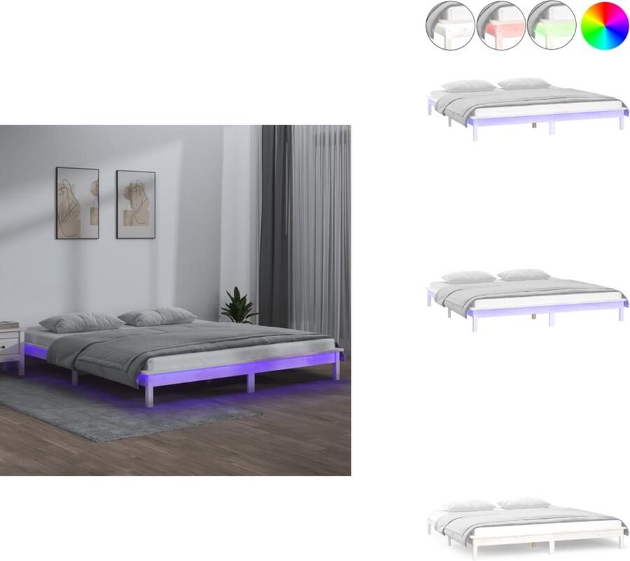 VidaXL Bedframe Bedframes Slaapkamermeubel Bedbasis Bedframe LED massief hout wit 150x200 cm 5FT King Size