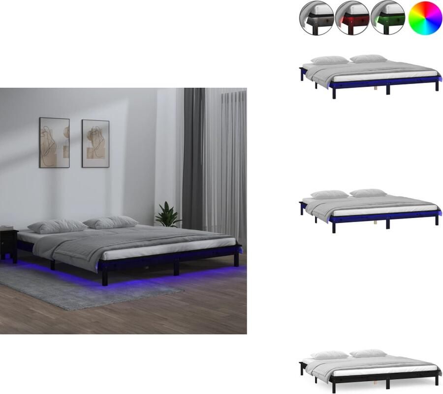 VidaXL Bedframe Houten Bedframe met LED-verlichting 160 x 200 cm Zwart Massief grenenhout stabiel bedframe kleurrijke LED-verlichting Bed