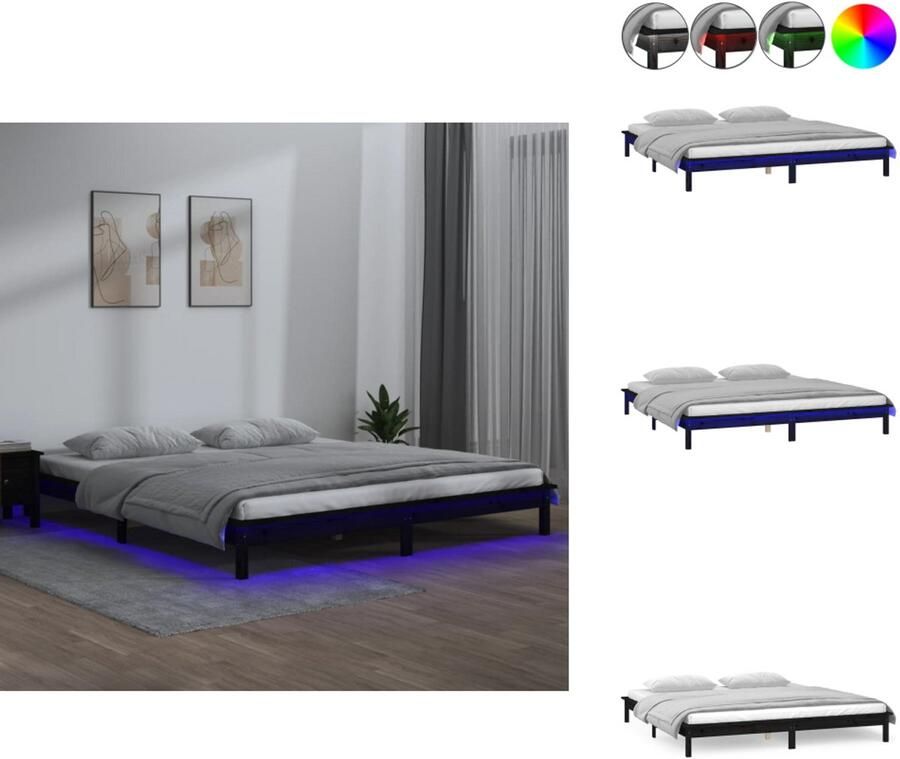 VidaXL Bedframe Bedframes Slaapkamermeubel Bedbasis Bedframe LED massief hout zwart 200x200 cm