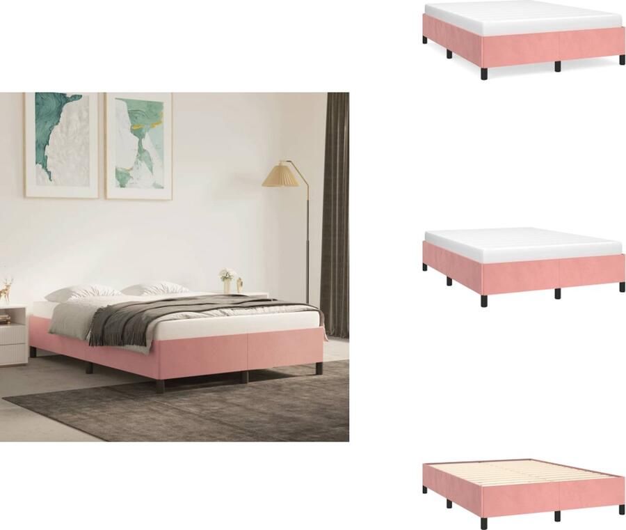 VidaXL Bedframe Fluweel Ondersteunende poten Multiplex lattenbodem Roze 193 x 143 x 35 cm Geschikt voor matras 140 x 190 cm Bed