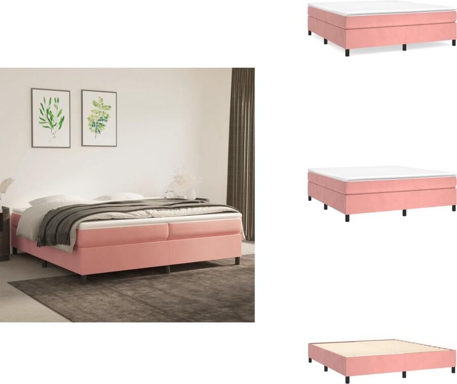 VidaXL Bedframe  Fluweel  Ondersteunende poten  Multiplex lattenbodem  Roze  203 x 203 x 35 cm  Geschikt voor 200 x 200 cm matras  Bed