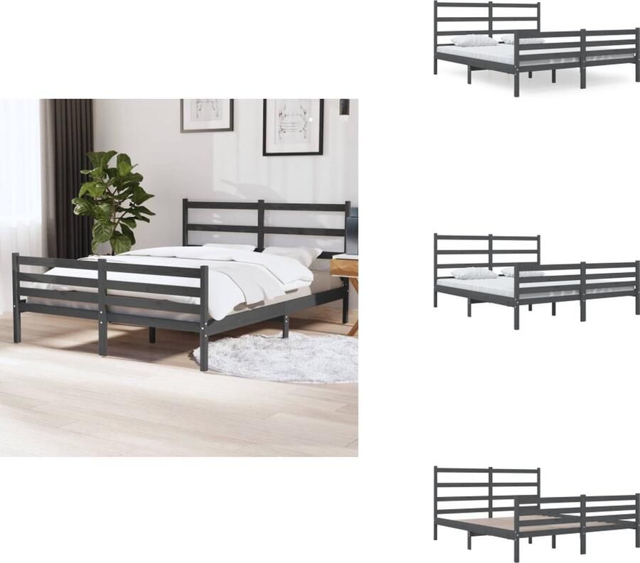 VidaXL Houten Bedframe Classic 135x190 cm Grijs Massief grenenhout Lattenbodem inbegrepen Hoofdeinde voor extra ondersteuning Excl matras 195.5x141x100 cm (LxBxH) Montage vereist Bed