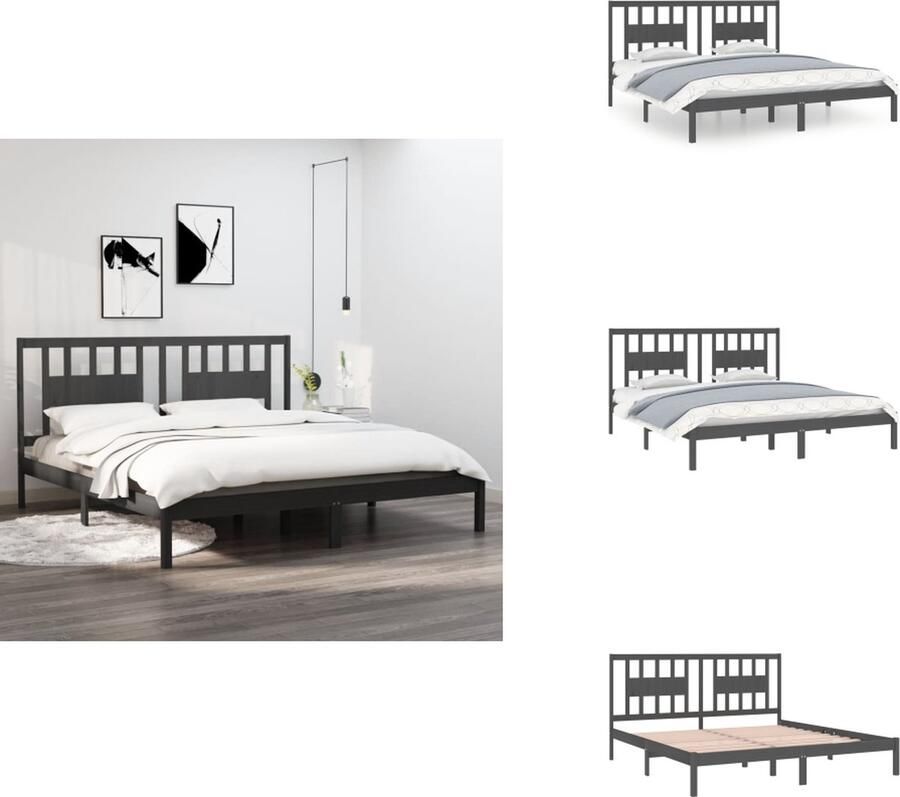 VidaXL Houten bedframe 205.5 x 206 x 100 cm Geschikt voor matras 200 x 200 cm Massief grenenhout Grijs Bed - Foto 2