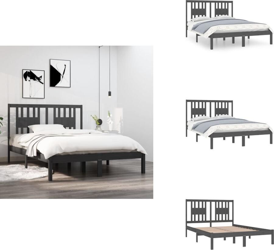 VidaXL Bedframe Rustieke charme Houten bedframes Afmeting- 135 x 190 cm Kleur- Grijs Materiaal- Massief grenenhout Bed - Foto 2
