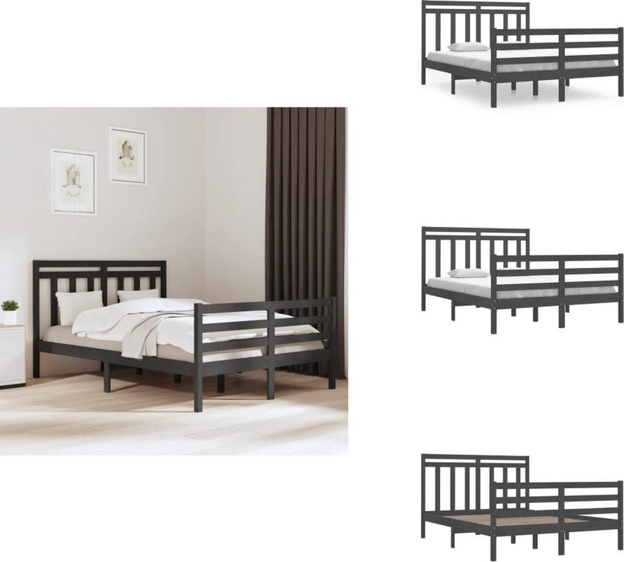 VidaXL Bedframe Massief Grenenhout Grijs 195.5 x 145.5 x 69.5 cm Multiplex Lattenbodem Bed