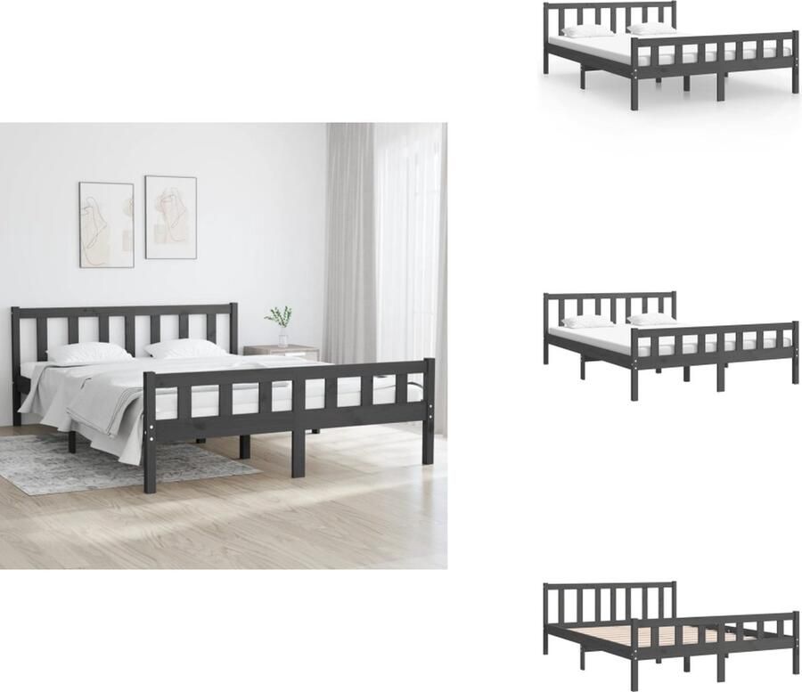 VidaXL Bedframe Bedframes Tweepersoonsbed Bed Bedframe massief hout grijs 150x200 cm 5FT King Size - Foto 4