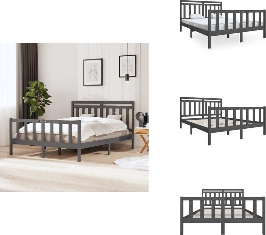 VidaXL Bedframe Bedframes Tweepersoonsbed Bed Bedframe massief hout grijs 150x200 cm 5FT King Size - Foto 2