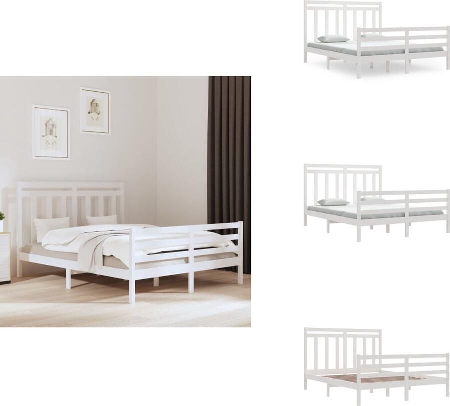 VidaXL Bedframe Grenenhout Tijdloos Multiplex lattenbodem Comfortabel Wit 205.5 x 165.5 x 69.5 cm 160 x 200 cm Montage vereist Bed