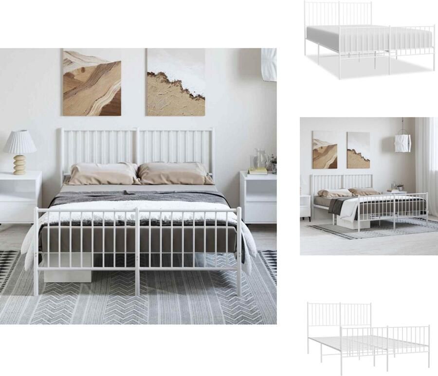 VidaXL Bedframe Bedframes Tweepersoonsbed Bed Bedframe met hoofd- en voeteneinde metaal wit 135x190 cm - Foto 4