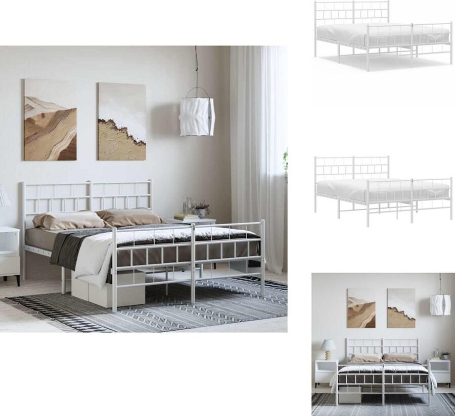 VidaXL Bedframe Bedframes Tweepersoonsbed Bed Bedframe met hoofd- en voeteneinde metaal wit 150x200 cm - Foto 2